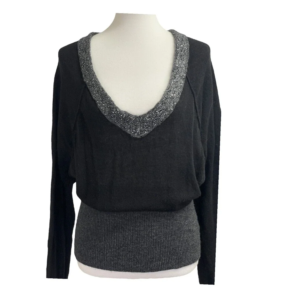 Free People Deep V Neck Sweater. Large. Wool Blend slouchy grey gray black shiny